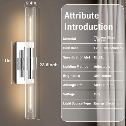 Chrome Wall Sconces, 22.8" Bathroom Sconces, Indoor Sconces Wall Lighting Up and Down, Nickel Wall Sconce Dimmable, Vanity Lights Fixtures with Tube, Glass Sconce for Bedroom, Staircase