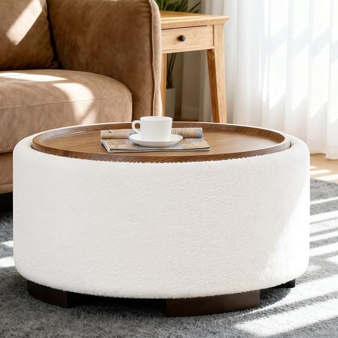 29.5 Inch Round Storage Ottoman Coffee Table, Modern Circle Coffee Table