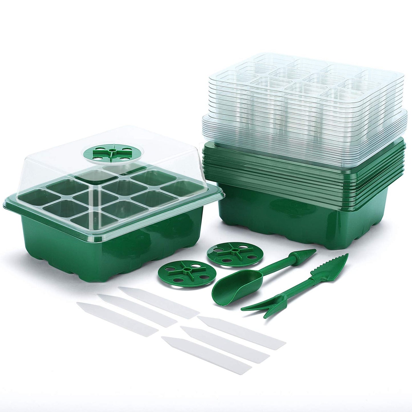 Delxo 10-Pack Seed Starter Kit Seedling Starter Tray (12 Cells) Humidity Adjustable Plant Germination Kit Garden Seed Starting Tray with Dome and Green Base Plus Plant Tags Hand Tool Kit