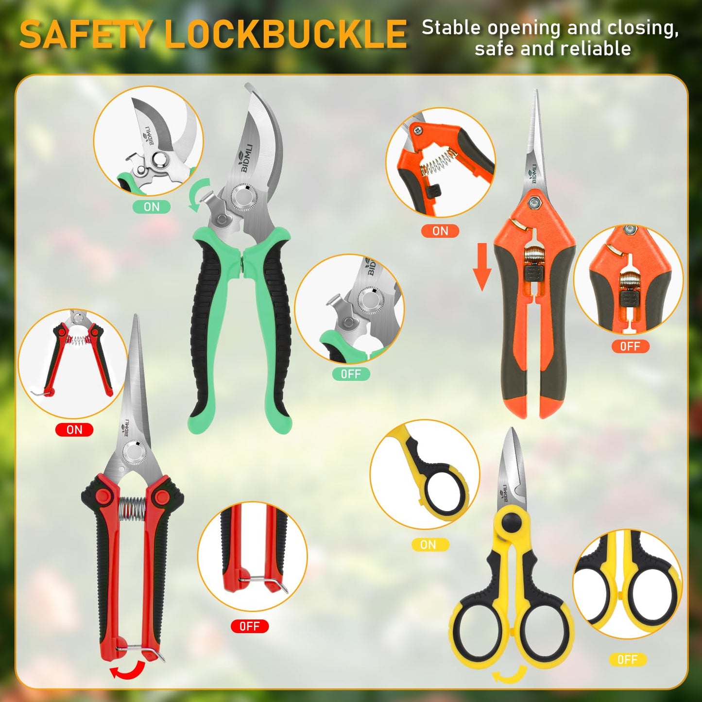 4-Pack Multifunctional Garden Scissors Set-BIDMLI Stainless Steel Pruning &Floral Shears with One-Piece Handle Blades for Tree Pruning, Flower Trimming, and Fruit Picking Tasks at Home&Garden Tool.