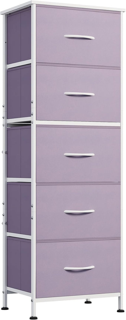 WLIVE Fabric Dresser, 5-Drawer Tall Dressers for Bedroom, Storage Dresser Organizer with Fabric Bins, Wood Top, Sturdy Steel Frame, Chest of Drawers for Closet, Hallway, Purple