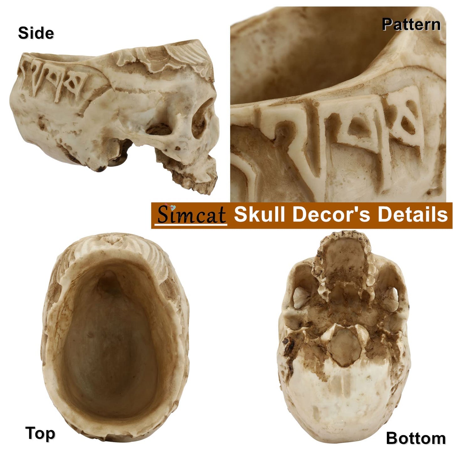 Simcat Resin Skull Planter Flower Succulents Pot Carved Skeleton Flowerpot Sugar Cactus Planter Pots Holder Candy Bowl Halloween Statue Sculpture Skeleton Decor for Home Office