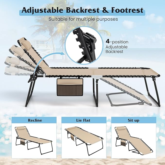GYMAX Lounge Chair for Outside, 440lbs 27” Oversize Folding Beach Tanning