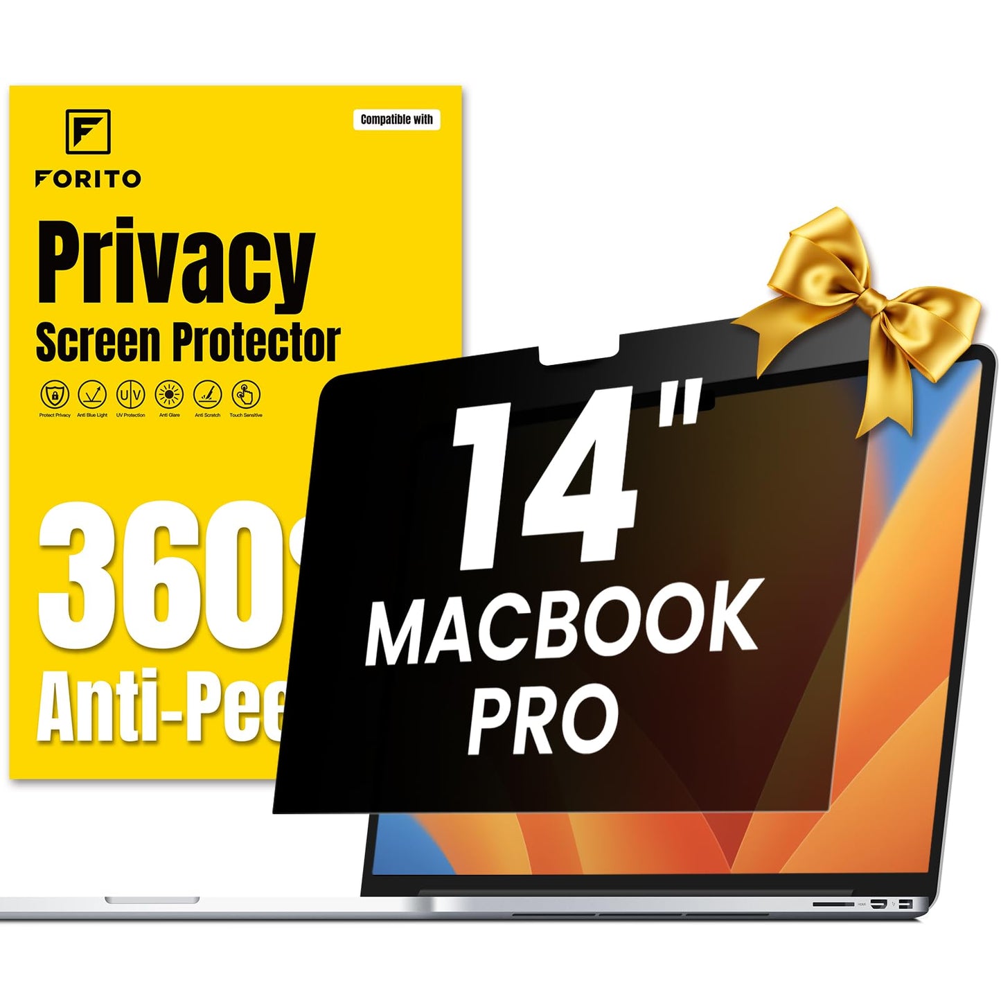 F FORITO 360° Privacy Screen Protector Compatible with MacBook Pro 14 inch (2024-2021, M4, M3, M2, M1, Pro,Max), Anti Peeping Anti Glare and Anti Blue Light Laptop Privacy Screen Shield