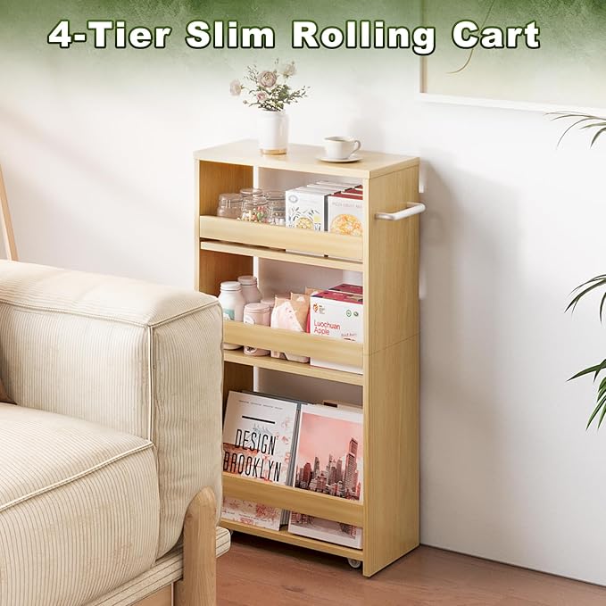 MARTY Rolling Storage Cart 7.9" W, 4-Tier Kitchen Cart with Wheels Handle, Slim Storage Cart Mobile Shelving Utility Carts for Bathroom Laundry Room Organization Narrow Places (Maple)