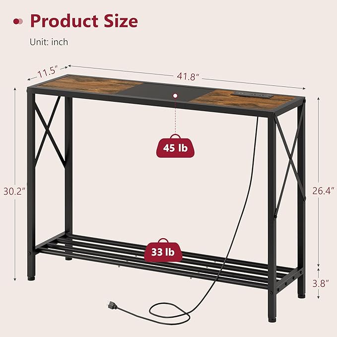 Tajsoon Console Table with Charging Station, 41.8" Entryway Table with Shelves