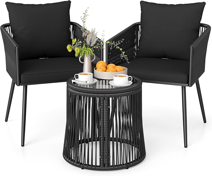Tangkula 3 Pieces Patio Rattan Bistro Conversation Set, Outdoor All-Weather