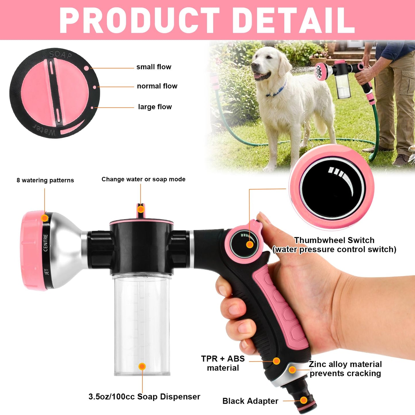 Premium Dog Washing Hose Attachment, Dog Shower Attachment with Pet Grooming Glove, 8-in-1 Sprayer Garden Hose Nozzle with Soap Dispenser Bottle for Garden, Pet Shower and Car Wash