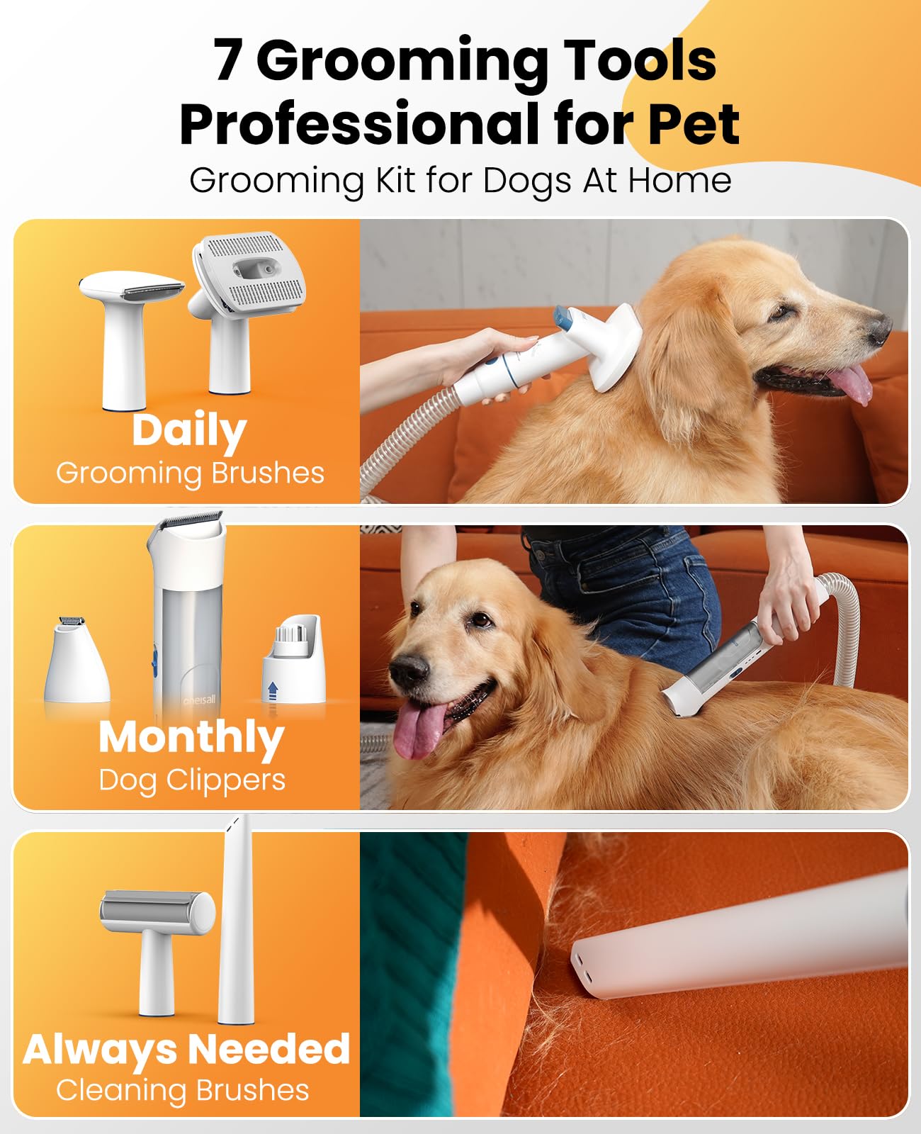 oneisall Dog Grooming Vacuum, 13000Pa Powerful 3L Dust Cup Pet Grooming Vacuum with Dog Clippers & Shedding Brush 7 Dog Grooming Kit, 3L Dust Cup, Super Quiet, 3 Suction Levels, BM3