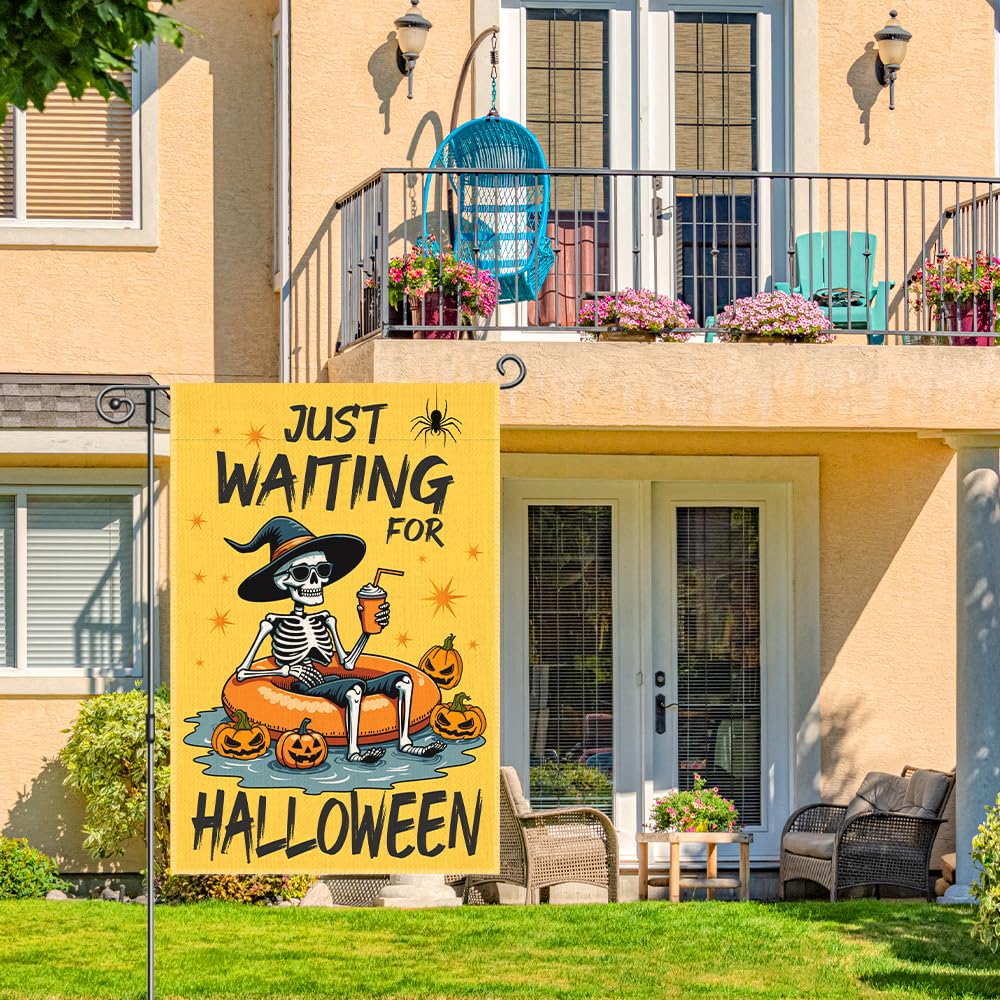 SRWNFOS Just Waiting For Halloween Welcome Garden Flag, 12x18 Inch Double Sided Yard Holiday Party Farmhouse Porch Lawn Outside Decor, Funny Halloween Pumpkin Garden Flag, Gifts for Friend Family