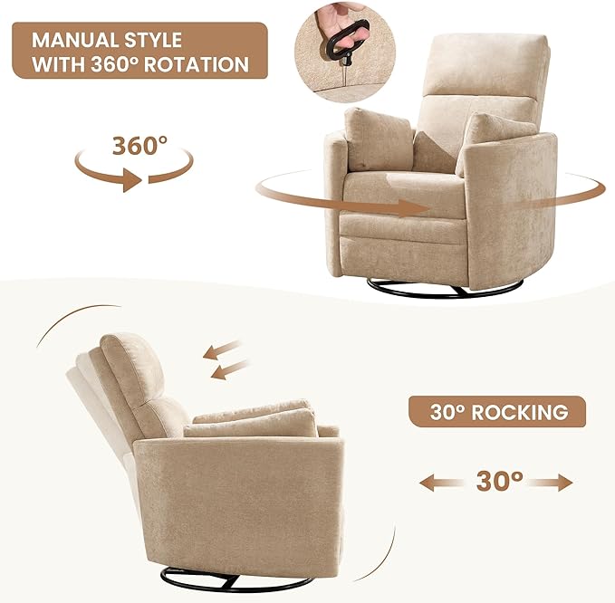Manual Recliner 360°Swivel Glider Rocking Chair, Upholstered Nursery Adult