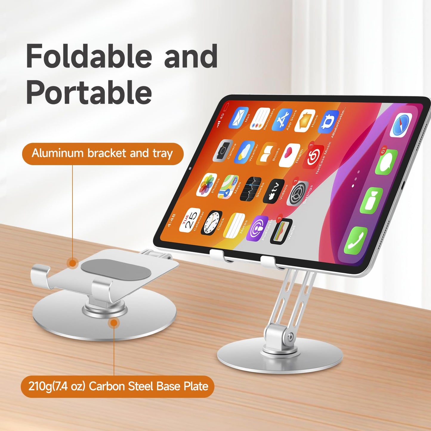 Xiaoshuang Adjustable Aluminum Phone Stand for Desk, No Wobble Heavy Base, Height Adjustable iPhone & iPad Stand, 360° Rotating Foldable Phone Holder for Desk Office Home (4–11”)