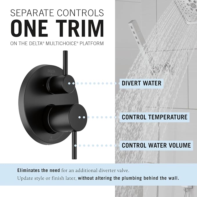 Delta Modern 14 Series Round Rain Shower System Faucet Set, Rainfall Matte Black Shower Head and Handle Set, Valve Trim Kit, 10 Inch, Matte Black T342702-BL (Valve Not Included)