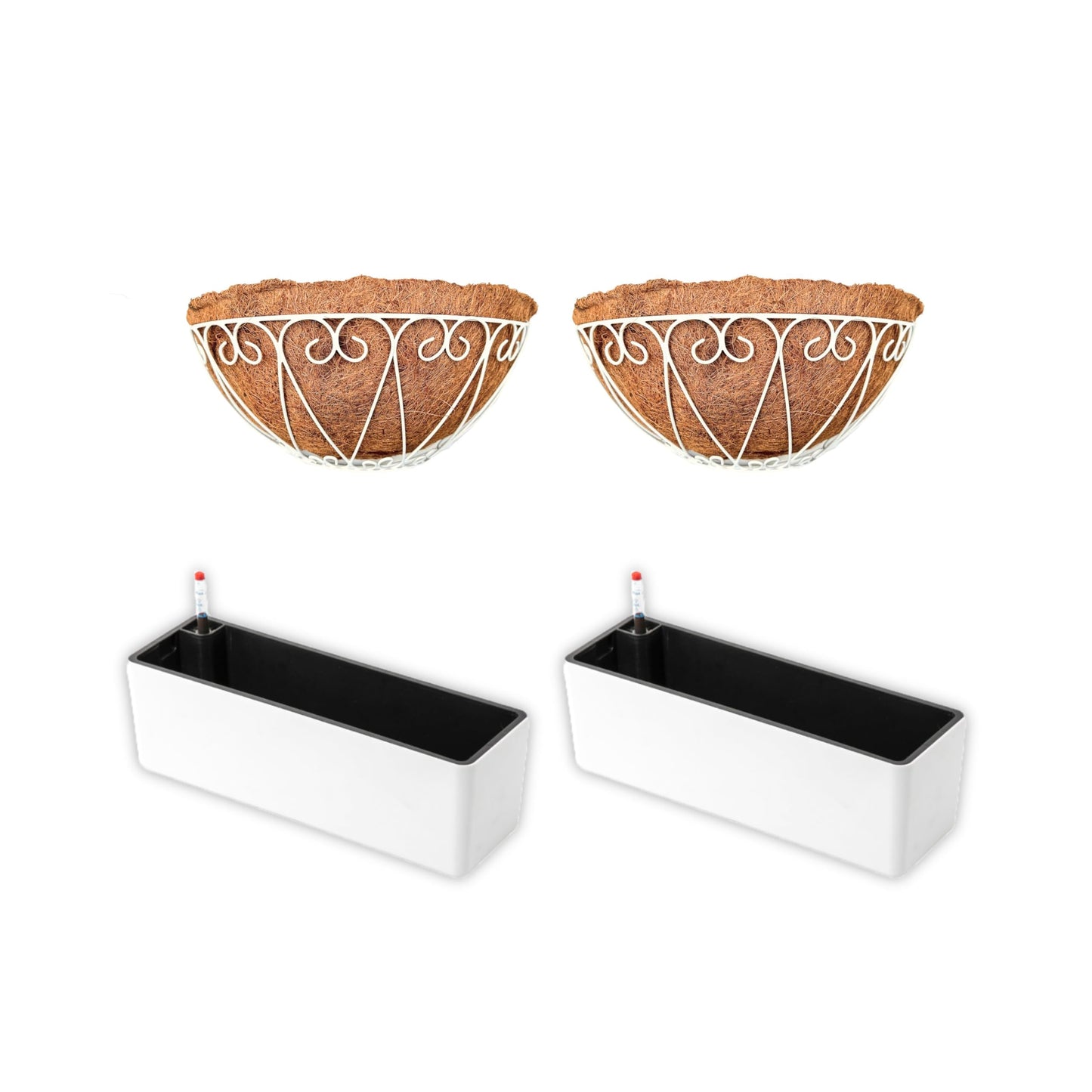 LaLaGreen Bundle- 2 Pack, 16 Inch Rectangular Self Watering Planter + 2 Pack, 16 Inch Hanging Metal Wire Basket with Coco Liner Modern Wall Flower Plant Herb Holder Porch Balcony Windowsill Box Indoor