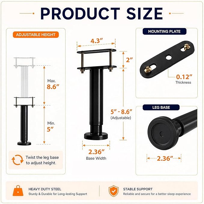 4Pcs Bed Frame Support Leg, Adjustable Height 5"-8.6", Extra Sturdy Steel Bed
