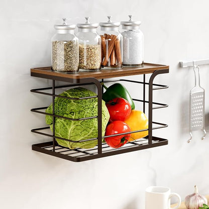2 Pack Storage Stackable Kitchen Laundry Pantry Organizers,Wall Mount Trash Bag Holder Dispenser with Bamboo Top Countertop Organizer,Brown
