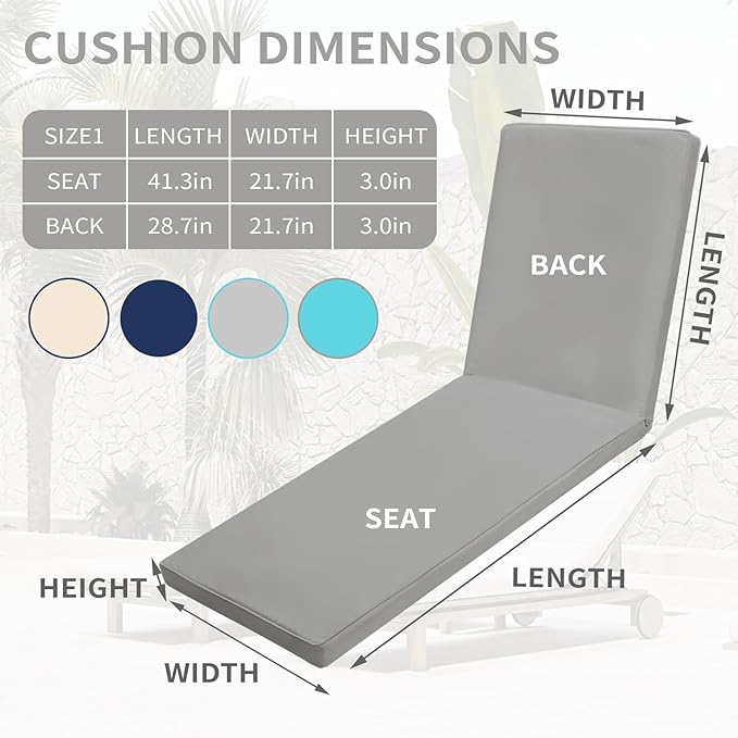Outdoor Chaise Lounge Cushions for Patio, Waterproof Replacement Seat Cushions