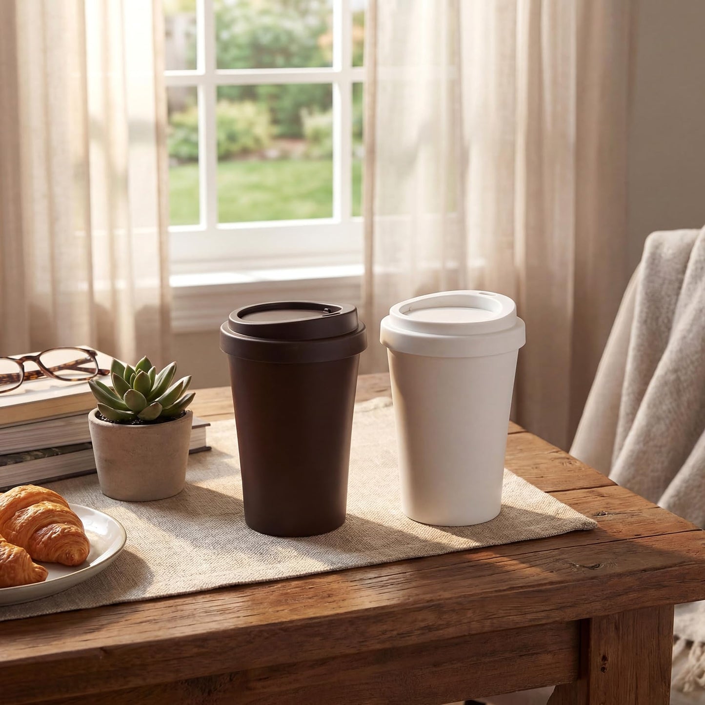 Xuhal 2 Pcs 0.9 Gallon Coffee Cup Desktop Trash Can with Swing Lid, Small Plastic Brown and White Waste Bin for Office Coffee Table, Mini Countertop Wastebasket for Desk Vanity Counter Tabletop