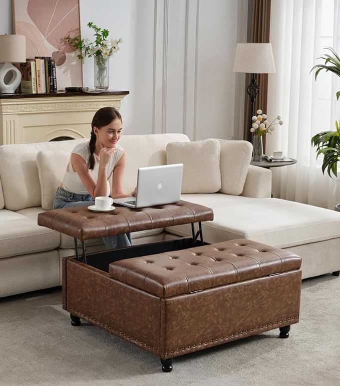 Tbfit Large Square Storage Ottoman Bench, Tufted Upholstered Coffee Table