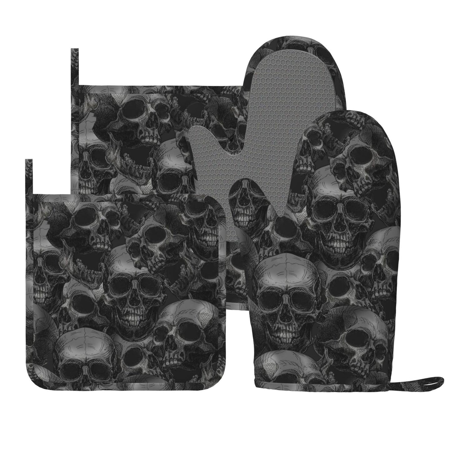 Scary Skull Halloween Horror Oven Mitts And Pot Holders Set Of 4 Silicone Heat Resistant Oven Mitten Potholders Non Slip Gloves Kitchen Decor For Bbq Cooking Grilling Baking