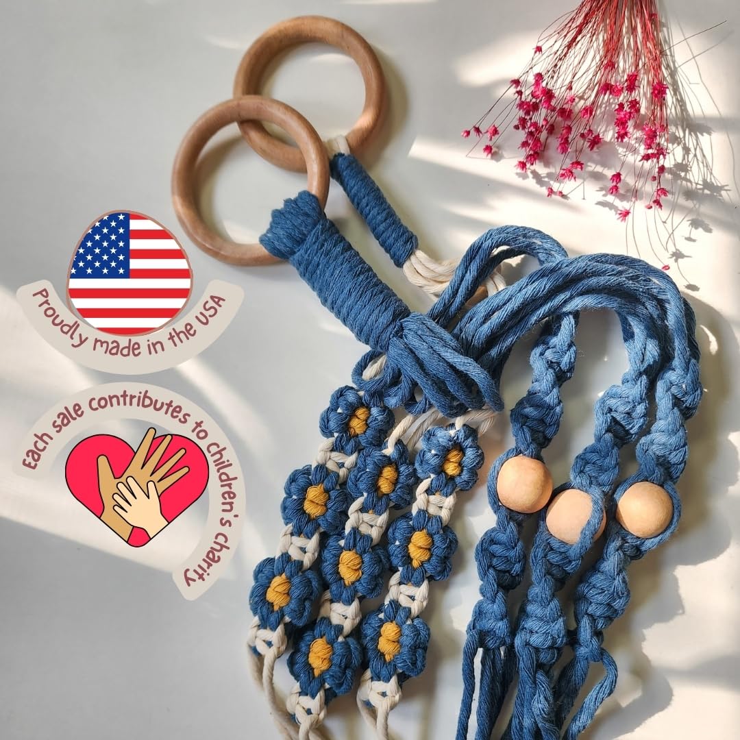 Set of 2 Macrame plant hanger with Daisies & Beads | Hanging plant holder Macrame Plant hangers outdoor and indoor hanging planters Plant stand indoor Boho Decor hanging planter stand (Peacock Blue)