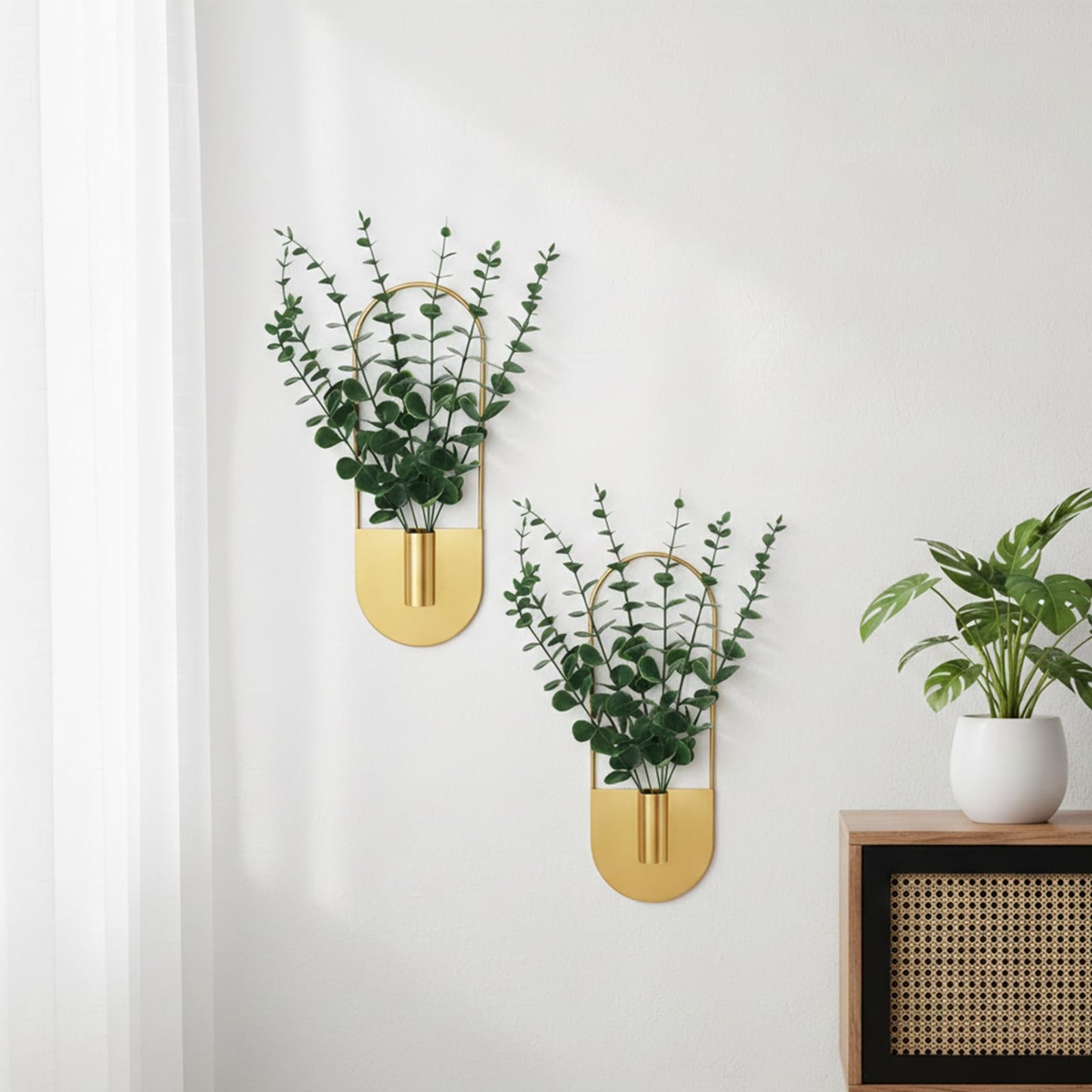 Nacidooka 2 Pcs Boho Wall Decor Hanging Planters with Artificial Eucalyptus Wall Plant Holder for Indoor Plants, Metal Hanging Vase Modern Art for Home Bathroom Living Room Hallway Office(Gold)