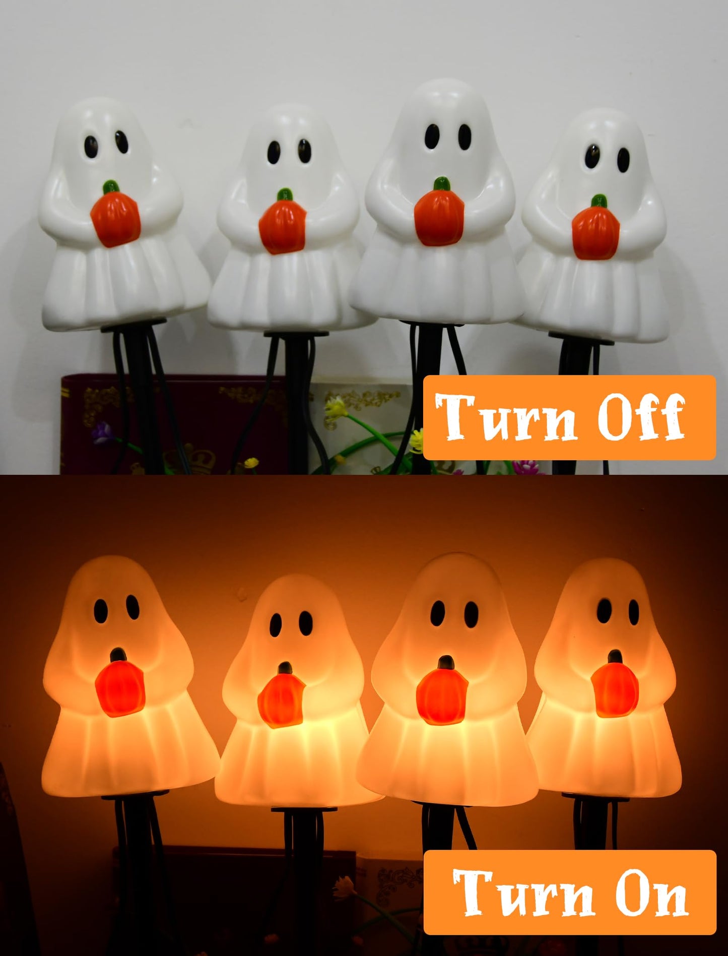 Halloween Ghost Pathway Lights Outdoor, 7Ft C7 Halloween Decorations Pathway String Lights with 4 Elves Holding Pumpkin Walkway Lights Waterproof, Plug-in Night Lights for Porch Yard Patio Garden