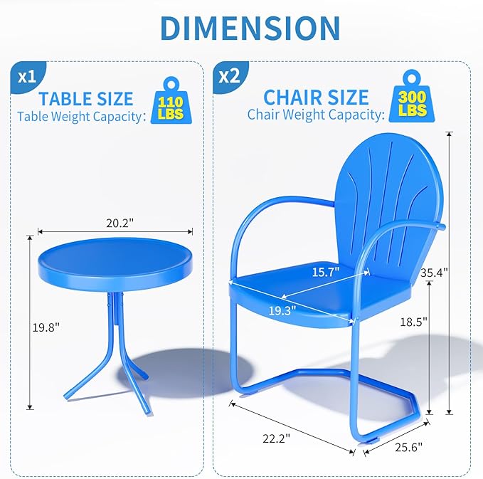 3 Pieces Patio Bistro Set, Retro Metal Outdoor Seating Conversation, 2 C-Spring