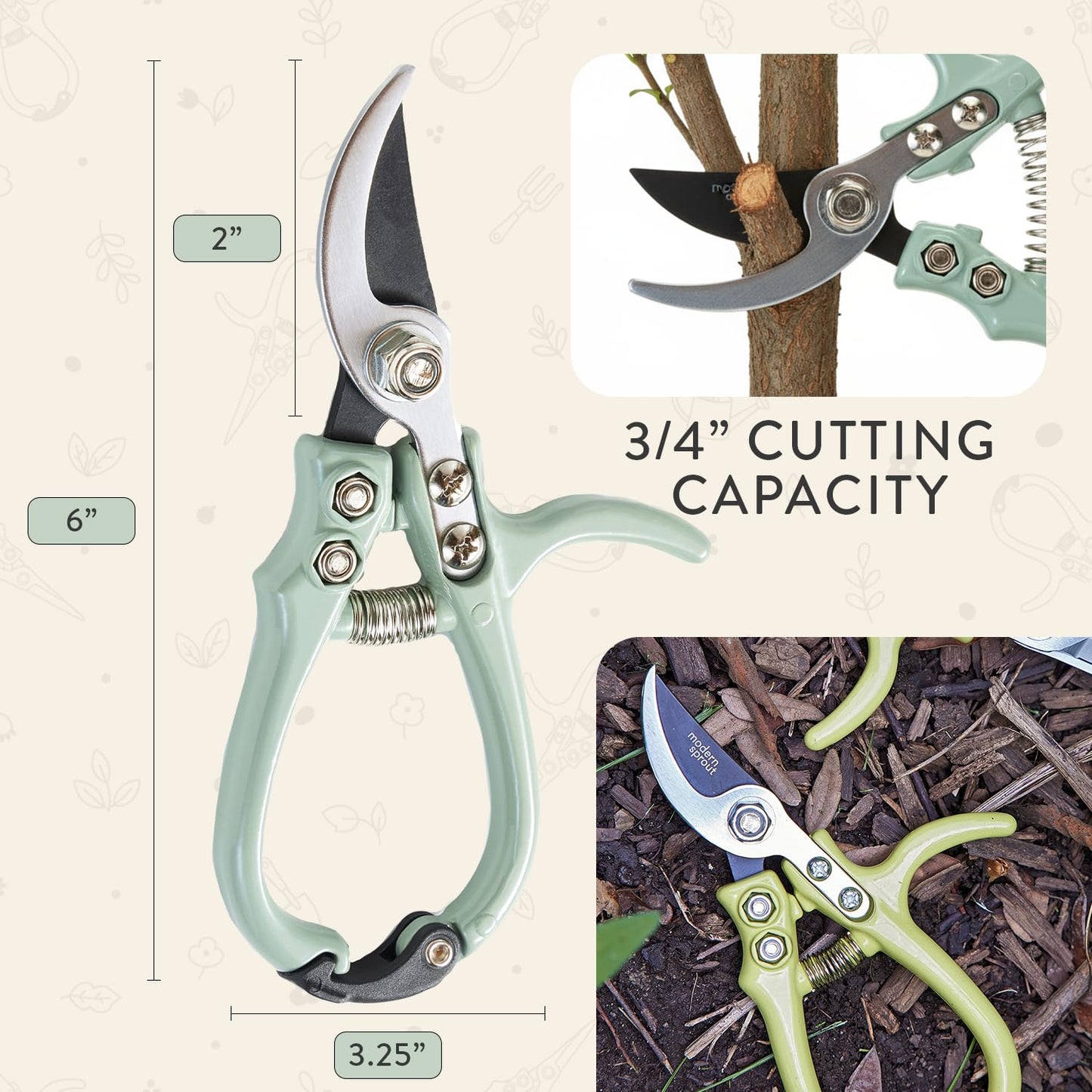Modern Sprout Hand Pruners - Lightweight Pruning Shears W/Easy Lock- Gardening Scissors - Bypass Sharp Carbon Steel Blade - Rust Resistant - Garden Tools - Reusable Holster - Sage