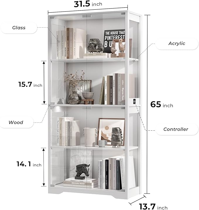 BROTTAR Display Cabinet with Glass Doors, 4-Tier Curio Cabinet with 3 Color
