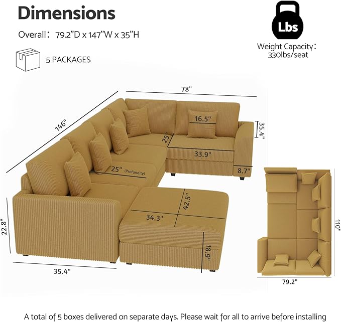 146" Modular Sectional Sofa, Oversized U Shaped Couch, Convertible Sleeper Sofa