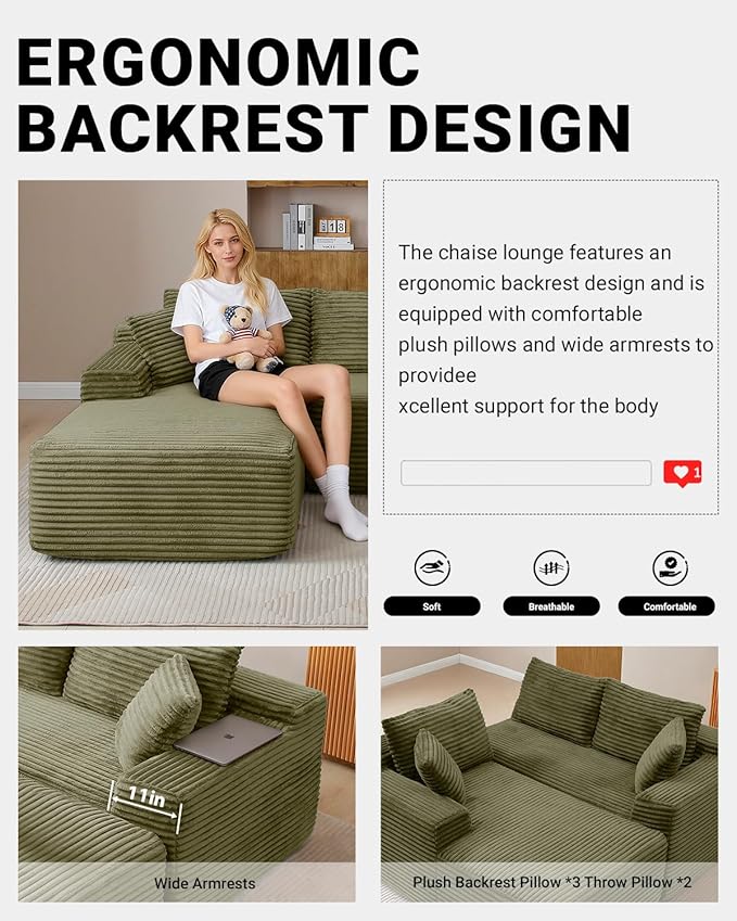 108" Cloud Sectional Couch, Modern Modular Sectional Sofa