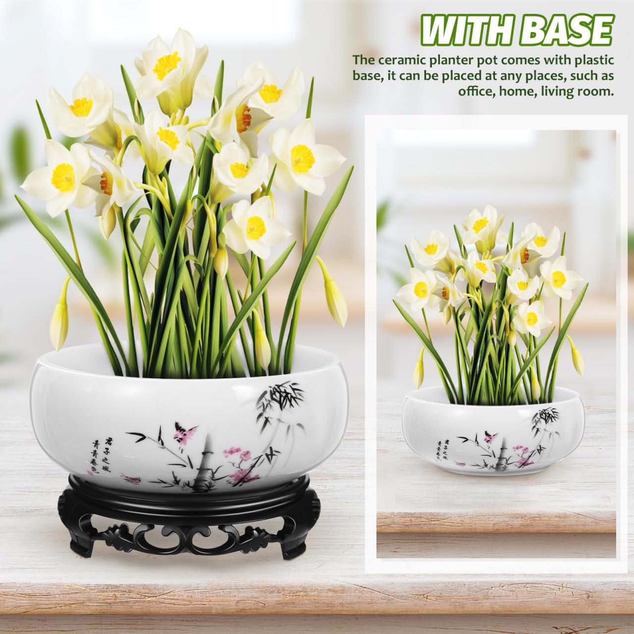 YARNOW Ceramic Lotus Bowl Planter with Stand - 6.9 Inch Water Lily Bowl for Home Office Garden Decor, No-Drainage Hole