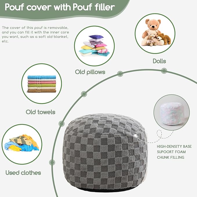 HIGOGOGO Round Stuffed Pouf Ottoman, Plaid Poufs