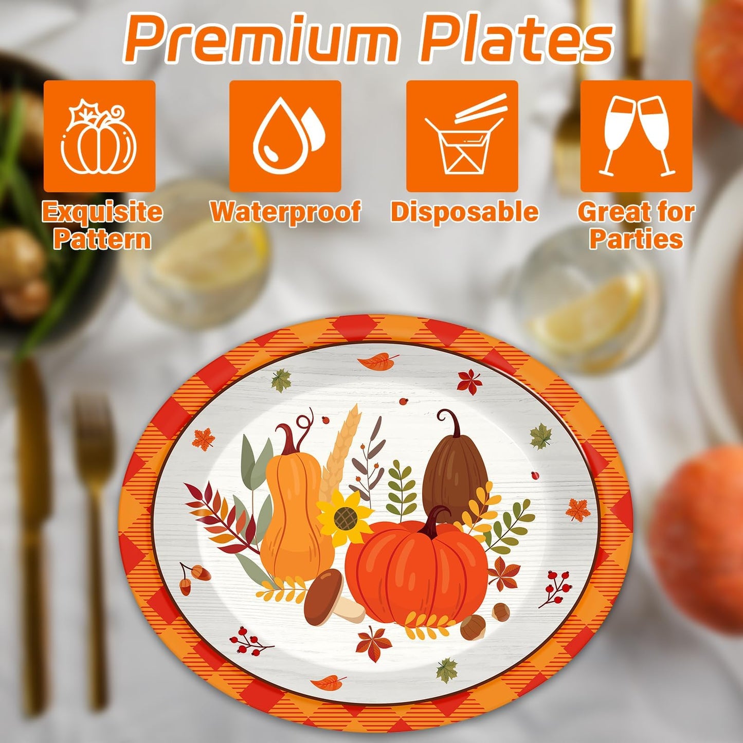 QOUBAI 50Pcs Thanksgiving Fall Oval Plates 11 Inch Large Autumn Pumpkin Maple Leaves Disposable Paper Plate Orange Plaid Platter Dish Tray Tableware Dinnerware Fall Harvest Party Decoration Supplies