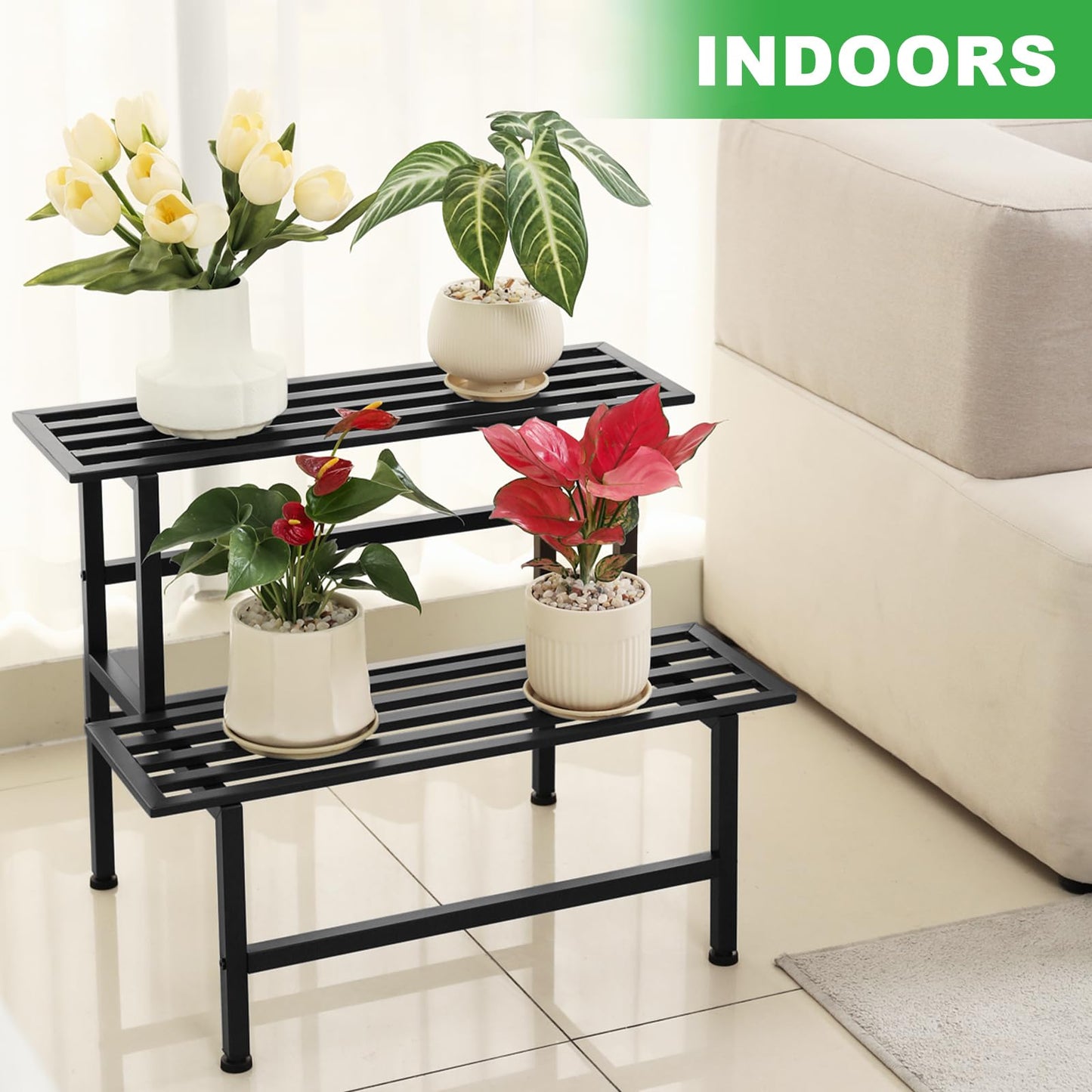 Dipion Metal Plant Stand Outdoor Plant Shelf Indoor,2 Tier Heavy Duty Ladder Plant Stands for Multiple Plants,26" L x 20.25" H x 17.75" W,Black