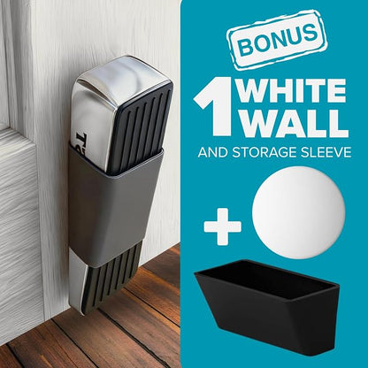 STRONGEST HOME Stoppers for Bottom of Door – Heavy Duty Metal Rubber Door Stopper, Non-Slip Door Stop for Heavy Doors, Works on Wood, Tile & Carpet Floors, Wedge Chrome 1 PC + 1 White Wall Protectors