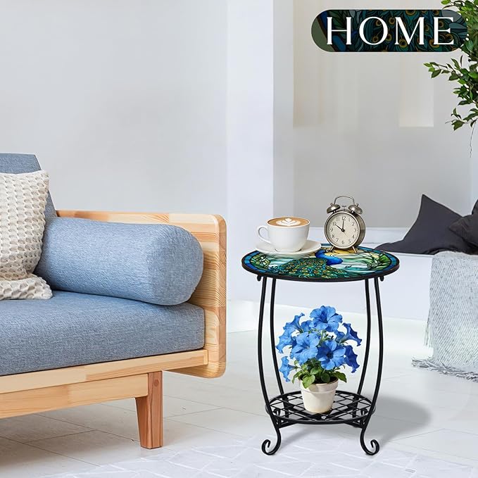 Cinnvoice Outdoor Side Table Round Small Mosaic Patio Accent Indoor End Plant