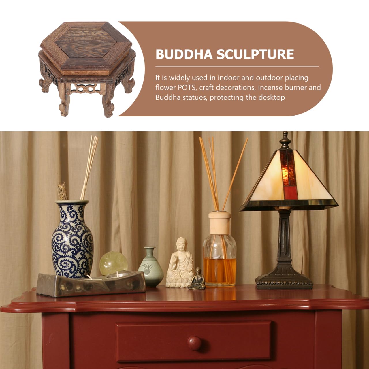 Cabilock Hexagonal Table Base Wooden Plant Stand Chinese Style Flower Pot Display Rack Teapot Stand for Bonsai Vases Planters 5.1X5.1X3.5 Inch