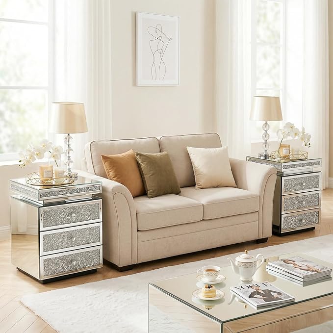 Modern Glam Glass Mirror Nightstand, 3-Drawer Luxury Mirrored Accent Table