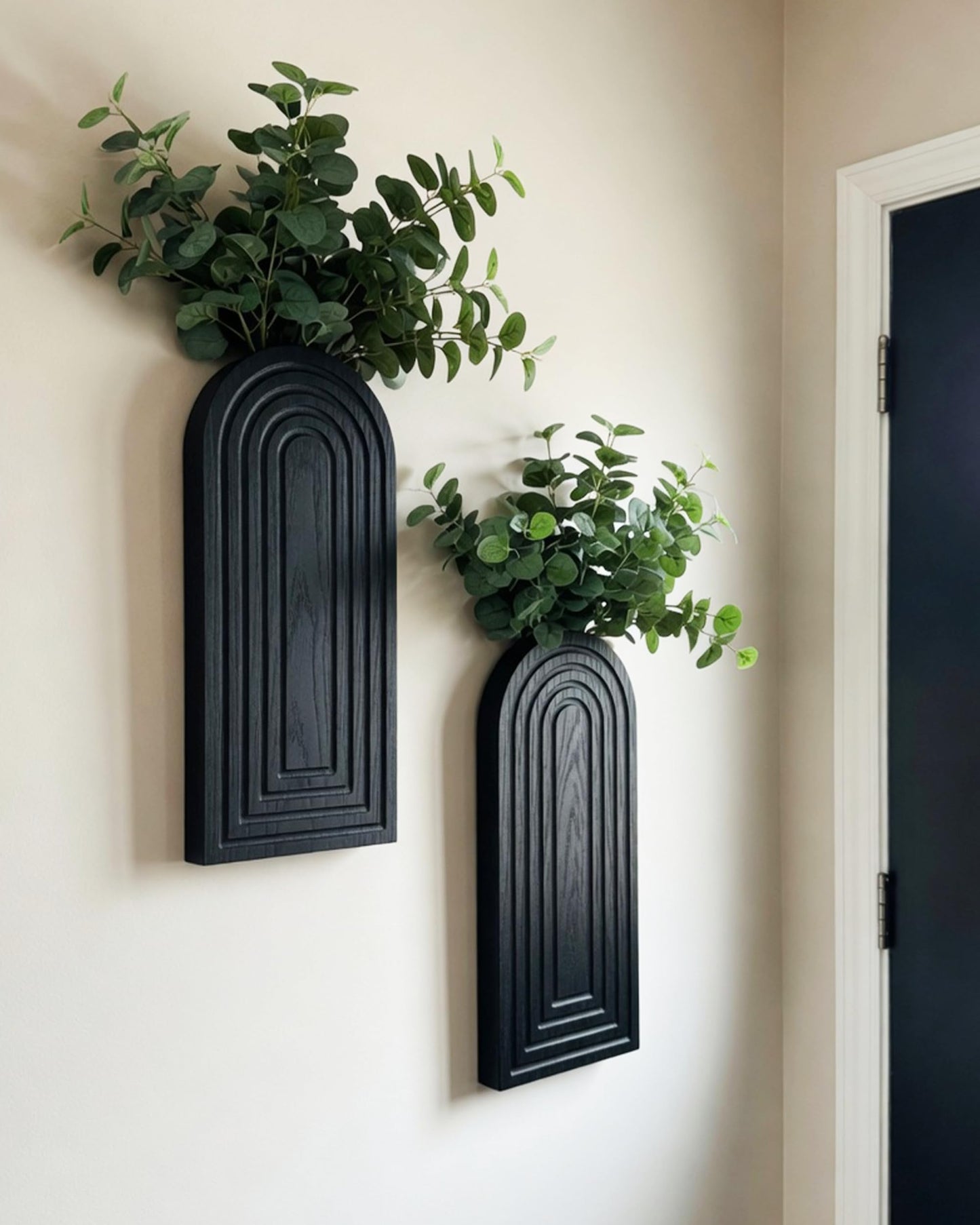 2 Pack Wooden Wall Vase Set - Boho & Modern Farmhouse Wall Decor, Hanging Planter for Indoor Plants & Flowers, Wood Mounted Art for Living Room, Bathroom, Hallway, Home Decor (Black, Large)