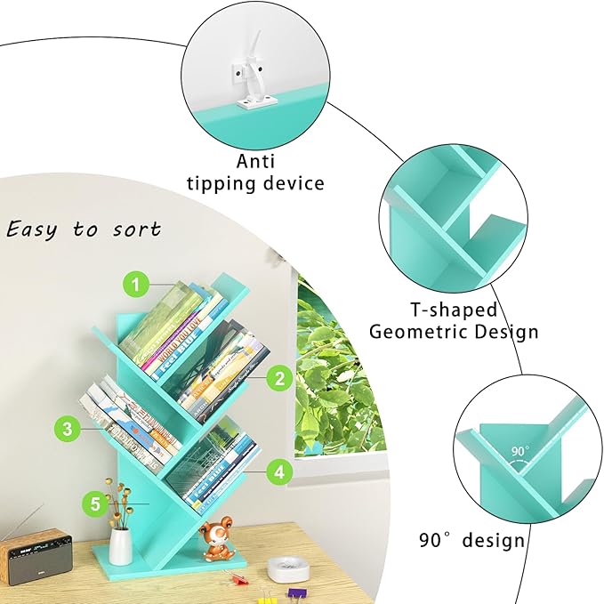 SHEEPAM 5 Tier Tree Book Shelf, Small Desktop Bookshelf