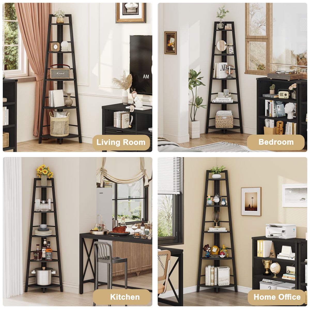 BON AUGURE 5-Tier Corner Shelf, Industrial Tall Corner Bookshelf for Living Room, Narrow Ladder Bookcase with Metal Frame, Rustic Wood Corner Plant Stand for Small Space, Home Office, Black Oak
