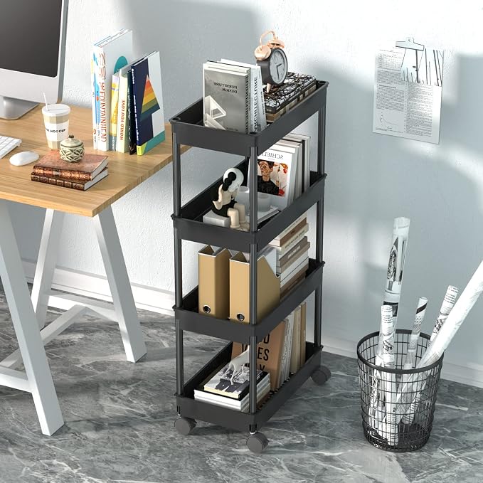 Sooyee 4 Tier Wide Storage Cart Mobile Shelving Unit Organizer Slide Out Storage Rolling Utility Cart Tower Rack for Kitchen Bathroom Laundry, Plastic & Stainless Steel, Black