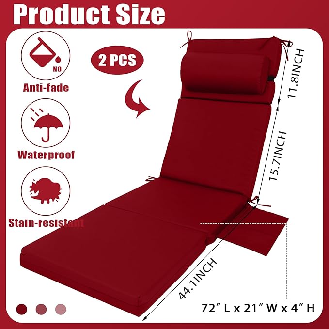 Wenqik 2 Pcs Outdoor Chaise Lounge Cushion