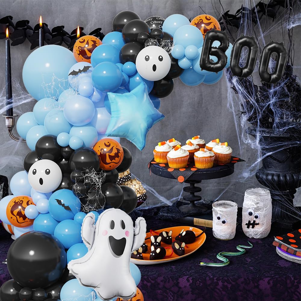 A Little Boo Is Almost Due Balloon Arch Kit, Black Blue Orange Latex Balloons with Boo and Ghost Foil Balloons, 152 Pcs for A Little Boo Is Almost Due Baby Shower Halloween Birthday Party Decorations