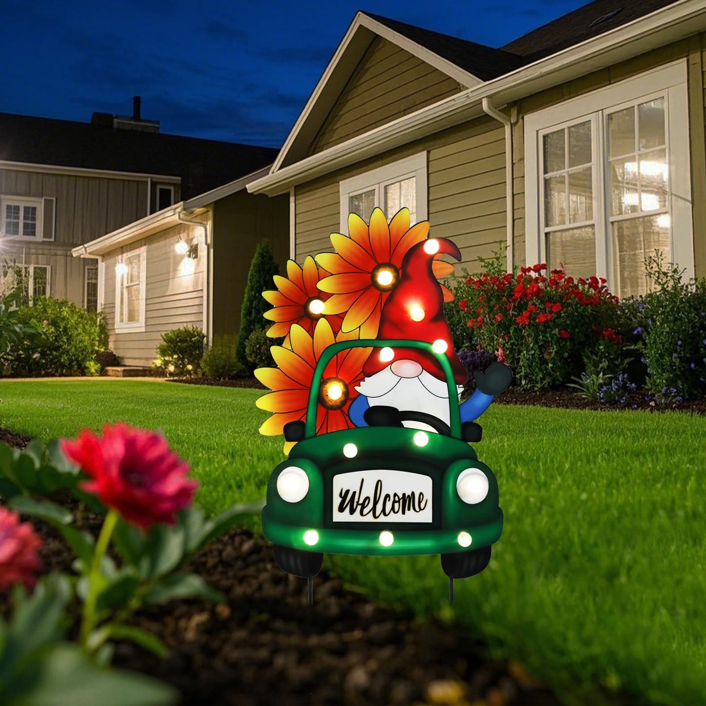 WONDER GARDEN Sunflower Yard Sign Decoration, 22.4" Metal Gnome Truck with LED Lighted, Outdoor Summer Garden Welcome Sign Stake, Outdoor Spring Truck Yard Decoration, Gift for Mom