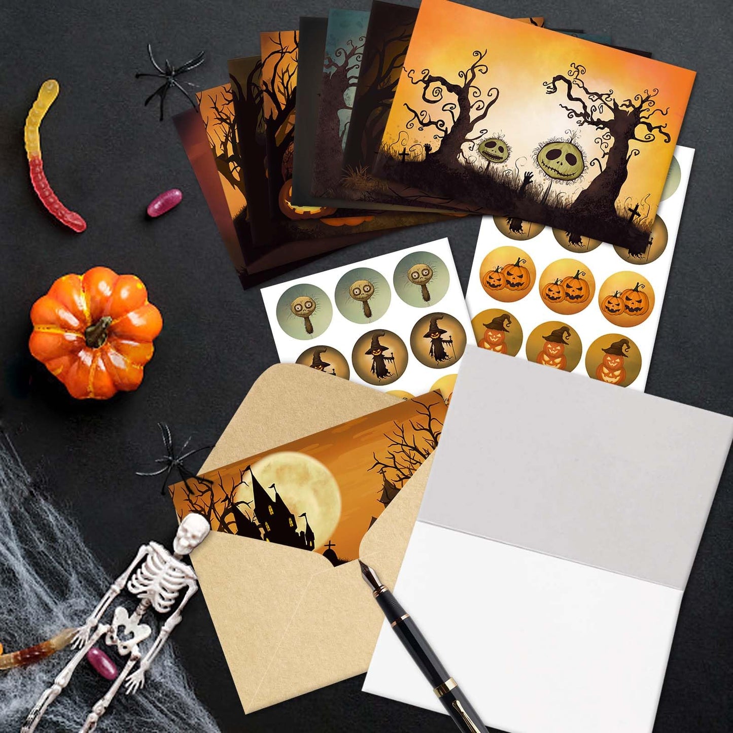 SuperShunhu 24 Pack Vintage Halloween Greeting Cards, Jack-O'-Lantern And Witch Halloween Cards, Artful Spooky Halloween Themed Card Set, 8 Designs Halloween Cards Bulk