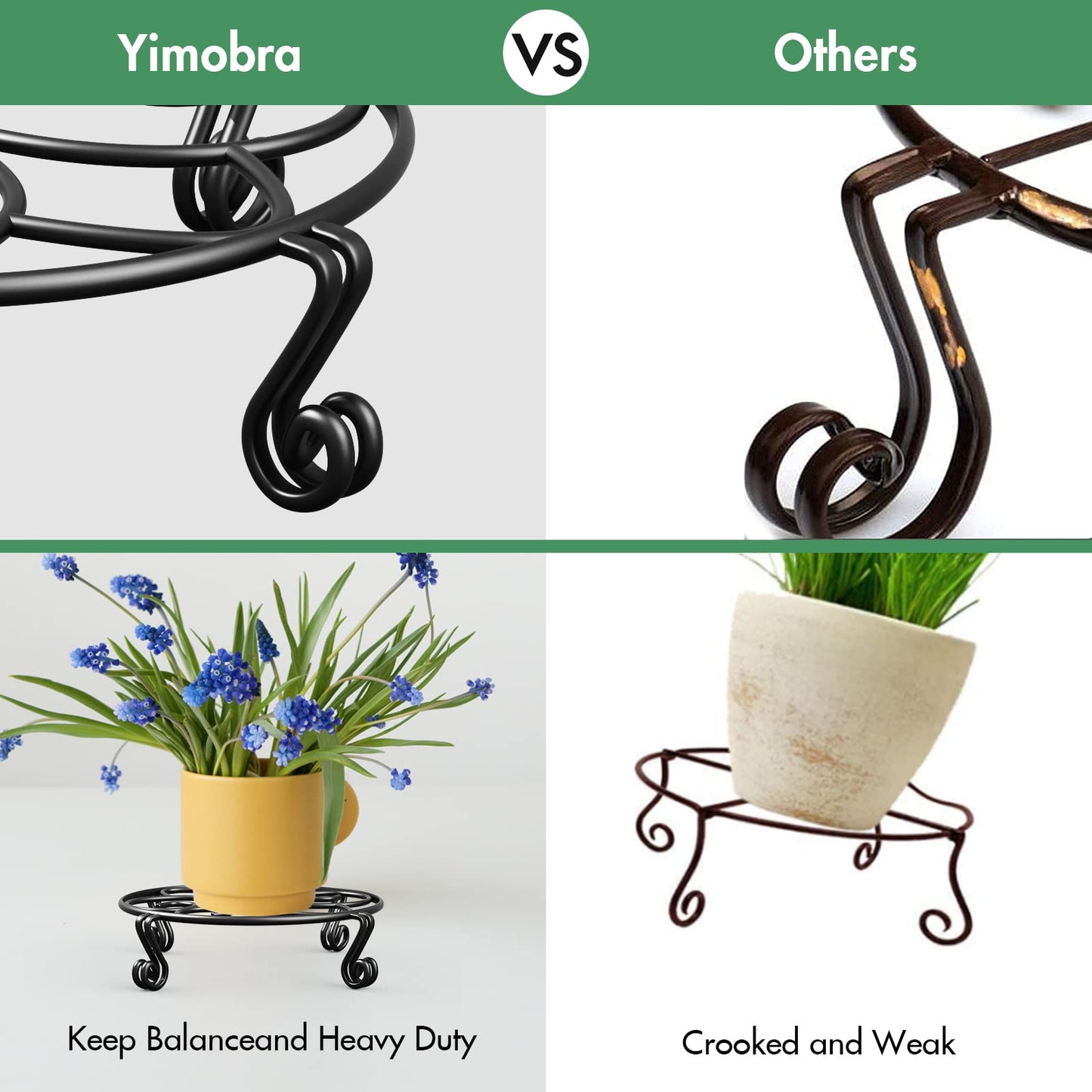 Yimobra 2 Pack Plant Stand for Flower Pot Heavy Duty Potted Holder Indoor Outdoor Metal Rustproof Iron Garden Container Round Supports Rack for Planter (9.4Inches, Black)