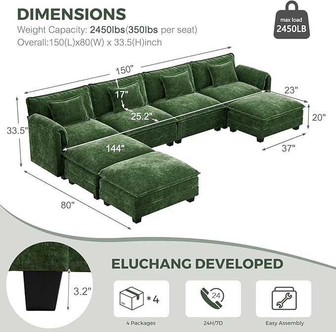 ELUCHANG Oversized 153" Modular Sectional Sofa, Comfy Cloud Couch, U Shaped